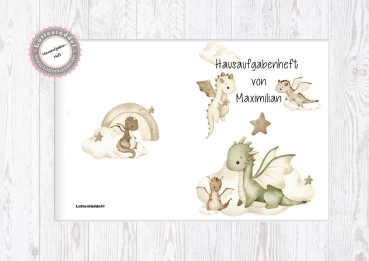 Preview: zuckersüßer Schulheft Umschlag Dino Hausaufgabenheft in seperater hochwertiger Hülle Einschulung Schulkind von Lüttentüddel®